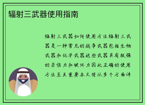 辐射三武器使用指南